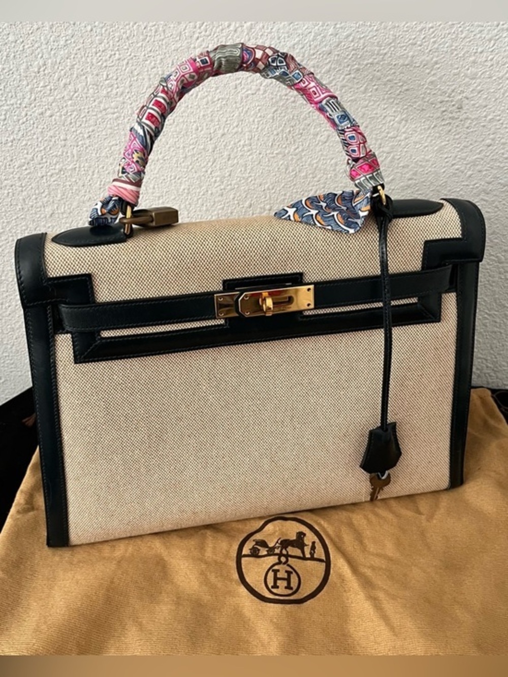 Hermès Kelly 32 Toile Canvas Leather Ivory Indigo Silk Twilly Scarf Top Handbag